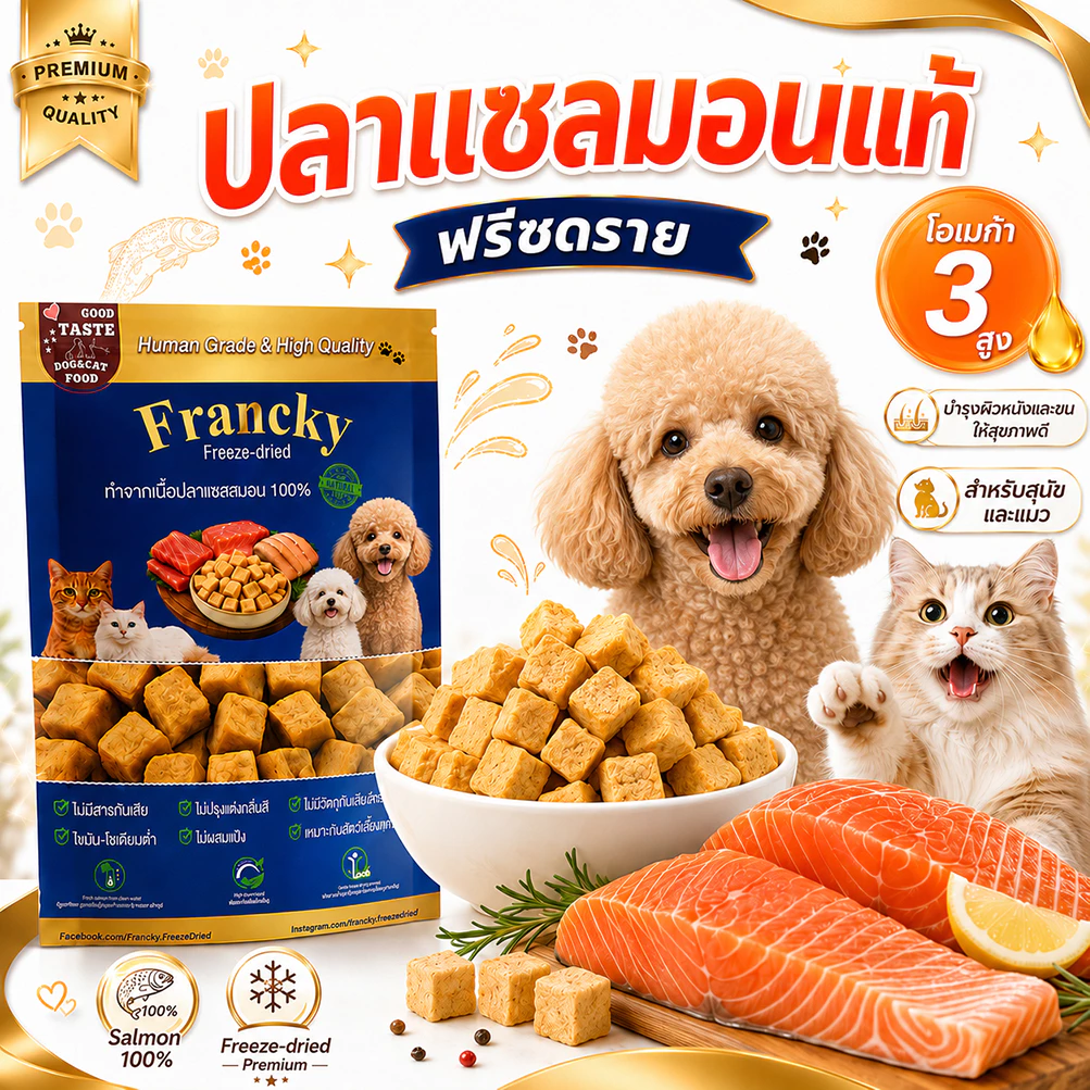 [ลดขนร่วง บำรุงขน] เนื้อปลาแซลมอนแท้ฟรีซดราย Francky โอเมก้า 3 สูง ฟื้นฟูผิวหนังให้สุขภาพดี
