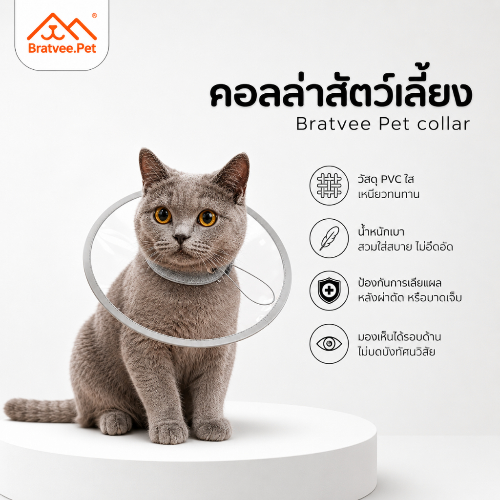 [Bratvee] ปลอกคอกันเลียแมว/สุนัข แบบใส PVC รุ่นSC08 ปลอกคอกันเลียแผล กันกัดแผล ปรับขนาดได้ น้ำหนักเบา มองเห็นชัด