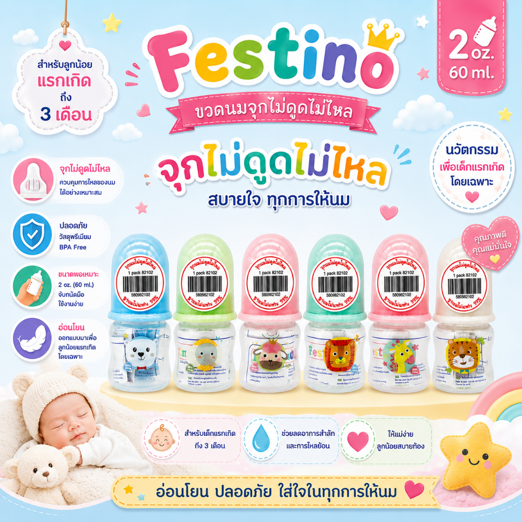 ขวดนม Festino 2 ออนซ์ จุกซิลิโคนขนาดมาตรฐานแบบไม่ดูดไม่ไหล size S เหมาะสำหรับน้องแรกเกิดถึง3เดือน