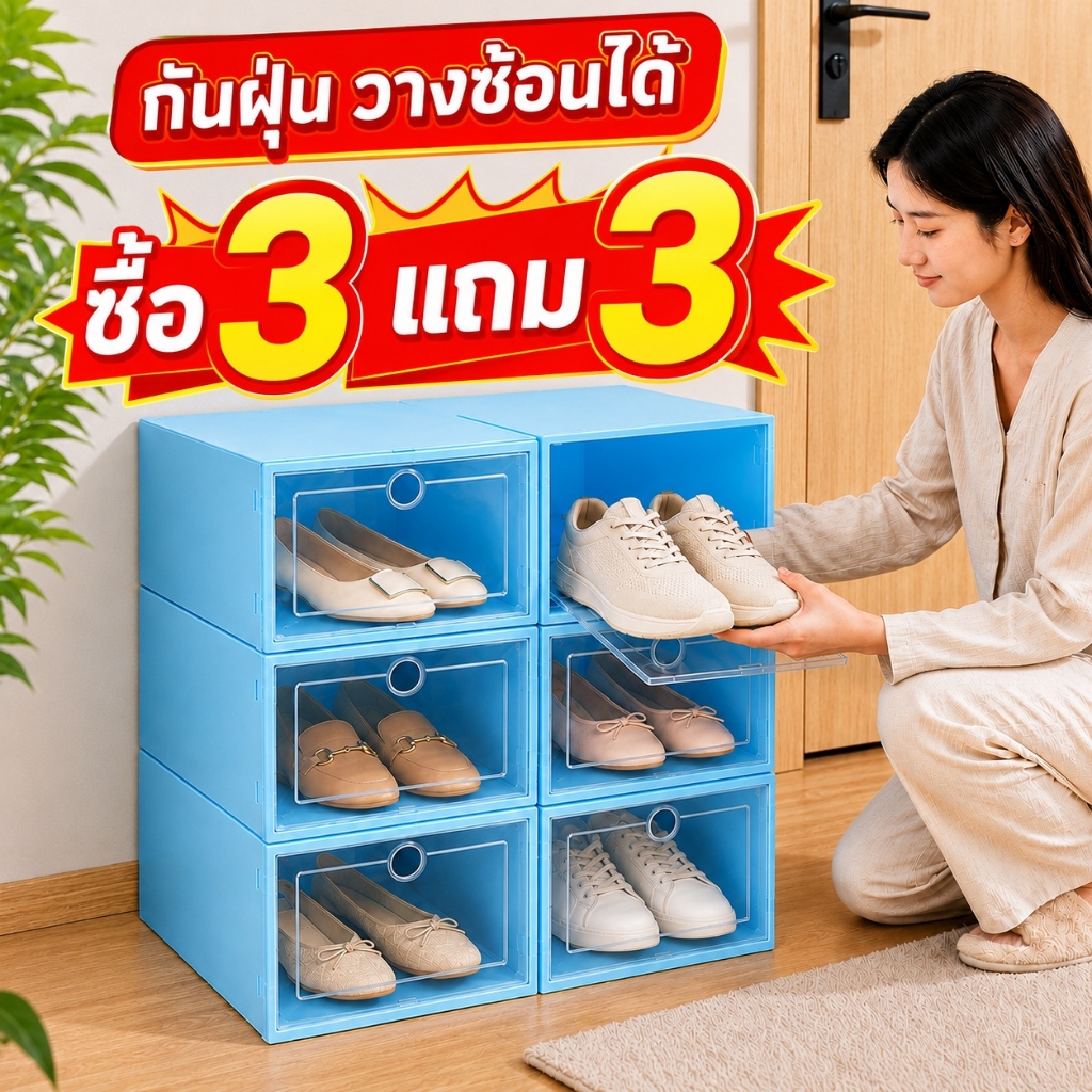 3 แถม 3 ฟรี! ตู้รองเท้า กล่องรองเท้า ฝาหน้าเปิด พับเก็บได้ ซ้อนได้ กันน้ำ กันฝุ่น กล่องใส่รองเท้า