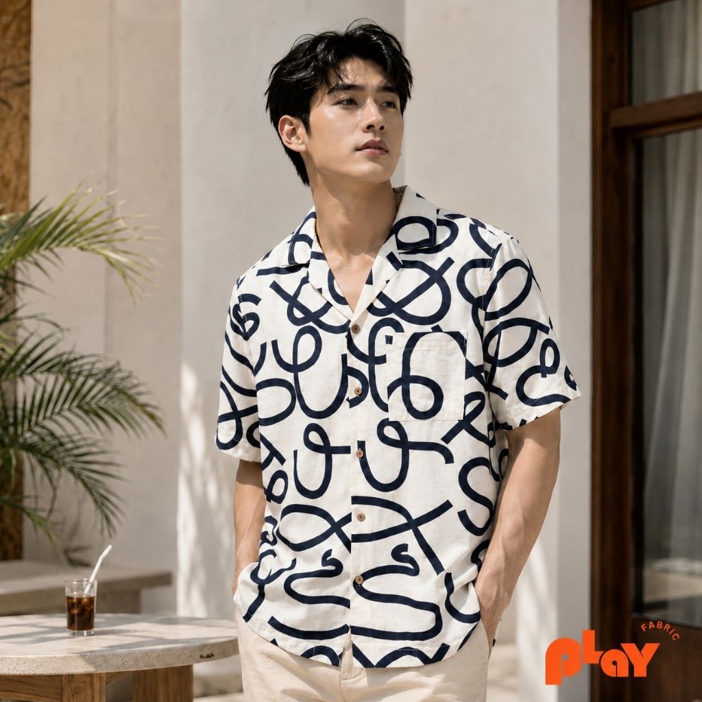 [New Arrival] เสื้อฮาวายโทนครีมตัดลายเส้นกรม ดีไซน์เรียบหรูในสไตล์มินิมอลอาร์ต ผ้าไหมฝรั่งเศส ใส่สบาย ผลิตในไทย