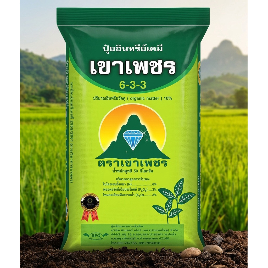 ปุ๋ยอินทรีย์เคมี 6-3-3 เขาเพชร ขนาด 50 กิโลกรัม ตราเขาเพชร