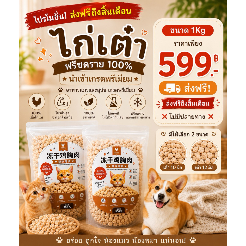 ฟรีซดรายอกไก่ แพคคู่ 500+500=1kg 😻น้องแมวกินเพลิน เคี้ยวง่าย อร่อยทุกคำ~