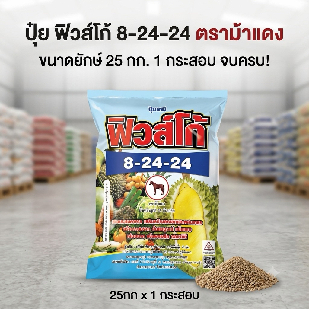 ปุ๋ยฟิวส์โก้ 8-24-24 ตราม้าแดง ขนาด 25 กิโลกรัม (1 กระสอบ) ปุ๋ยเคมี สูตรสะสมอาหาร เร่งดอง ขยายลูก ทุ
