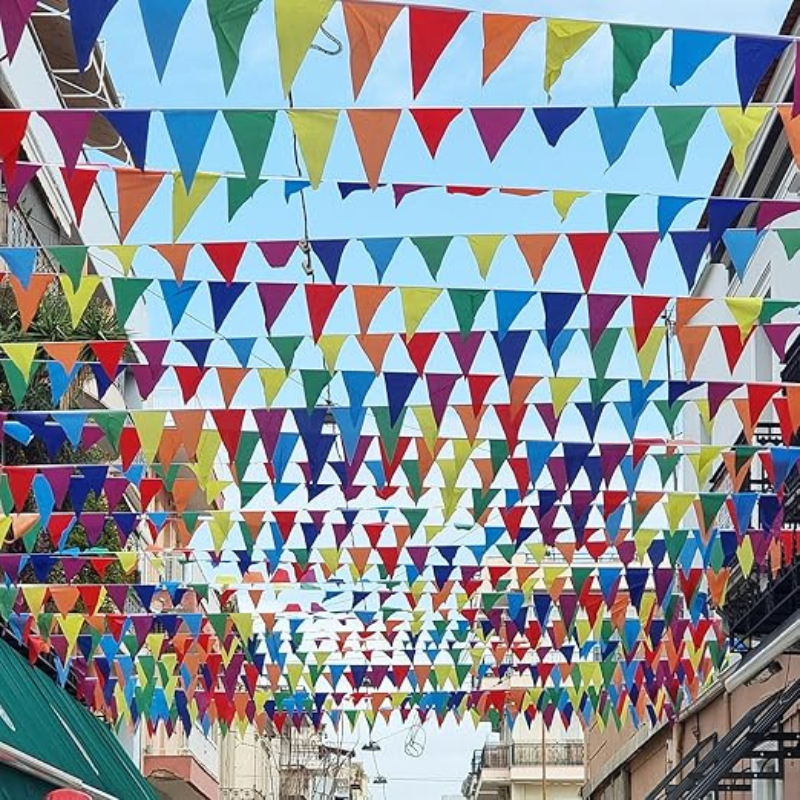 ธงราวสามเหลี่ยม 5สี ยาว50ม. 1เส้น เชือกไนลอน ทนแดนทนฝน ตกแต่งงานแต่ง ปาร์ตี้ งานวัด Multicolor Flags