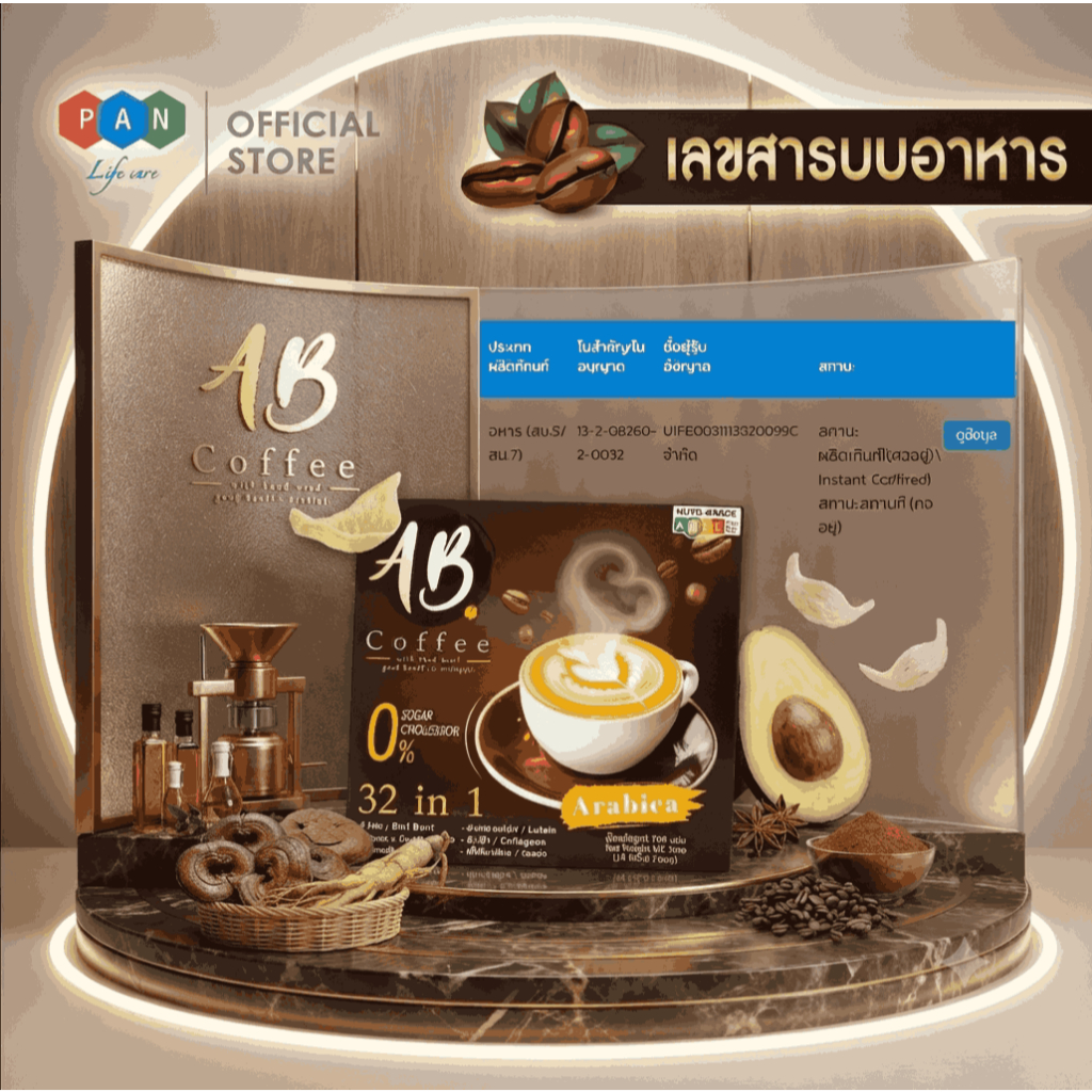AB Coffee Plus (32 in 1) รวมสารสกัดถึง 32 ชนิดไว้ในซองเดียว