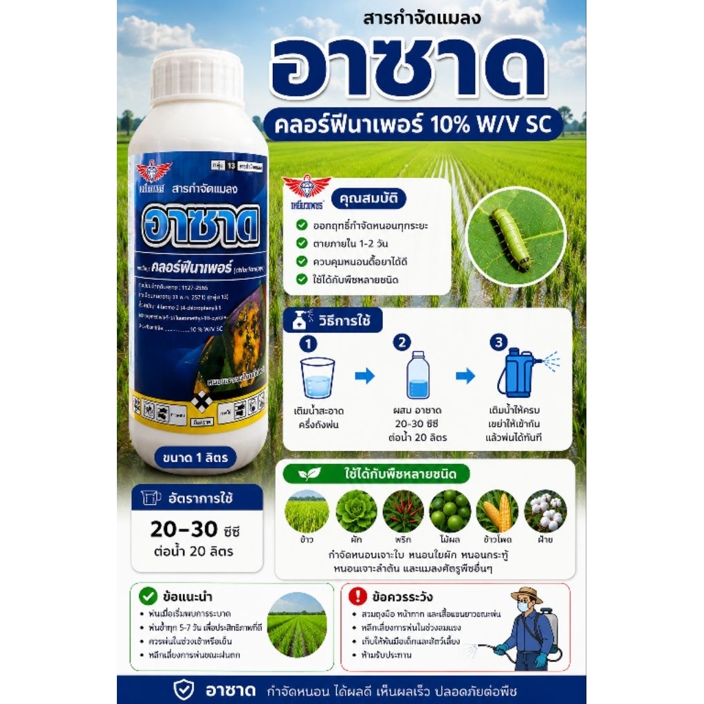อาซาด ขนาด 1 ลิตร คลอร์ฟีนาเพอร์ 10%SC กำจัดหนอนกอ หนอนม้วนใบ เพลี้ยไฟ ยาเย็นใช้ได้ทุกพืช