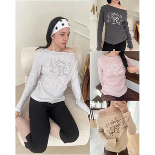 (RESTOCK💖🪽ขาว ชมพู)HASU68 whimsy long sleeve top เสื้อแขนยาวคอกลม/ปาดไหล่สกรีนลาย (happysummer.bkk)