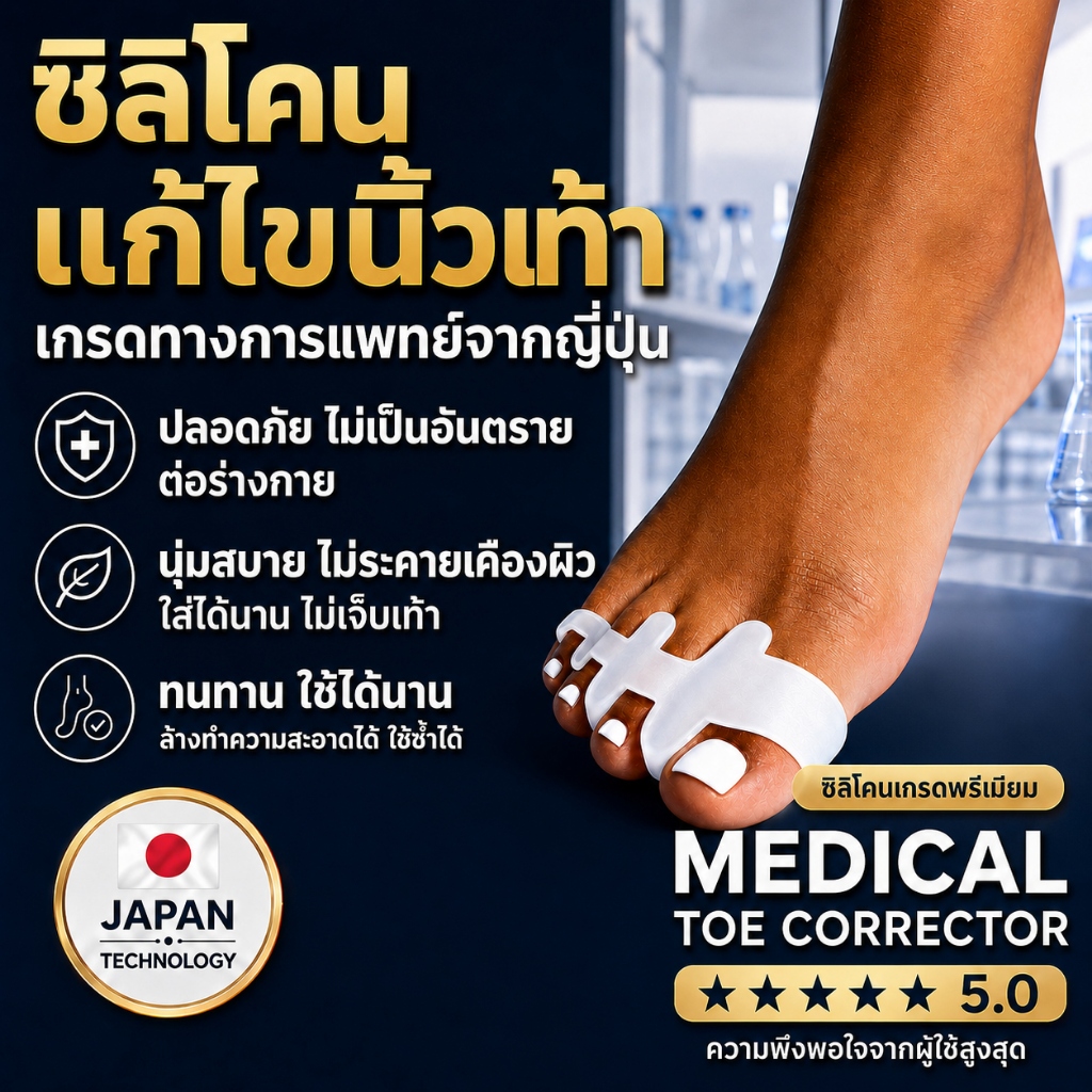 อุปกรณ์แยก 4 นิ้วเท้า ซิลิโคนนุ่ม แก้ปัญหานิ้วเท้าทับซ้อน กระดูกโป้งเท้า ป้องกันผิวถลอก เดินสบาย