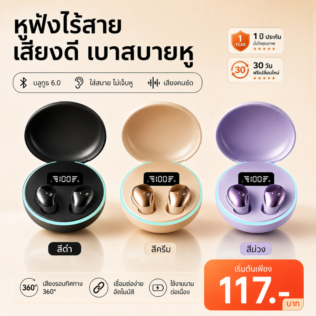 Neo【พร้อมส่ง】 หูฟังบลูทูธมินิ Bluetooth 6.0 ใส่นอนตะแคงสบาย น้ำหนักเบาไม่เจ็บหู เสียง HiFi รอบทิศ เคสชาร์จดิจิทัล
