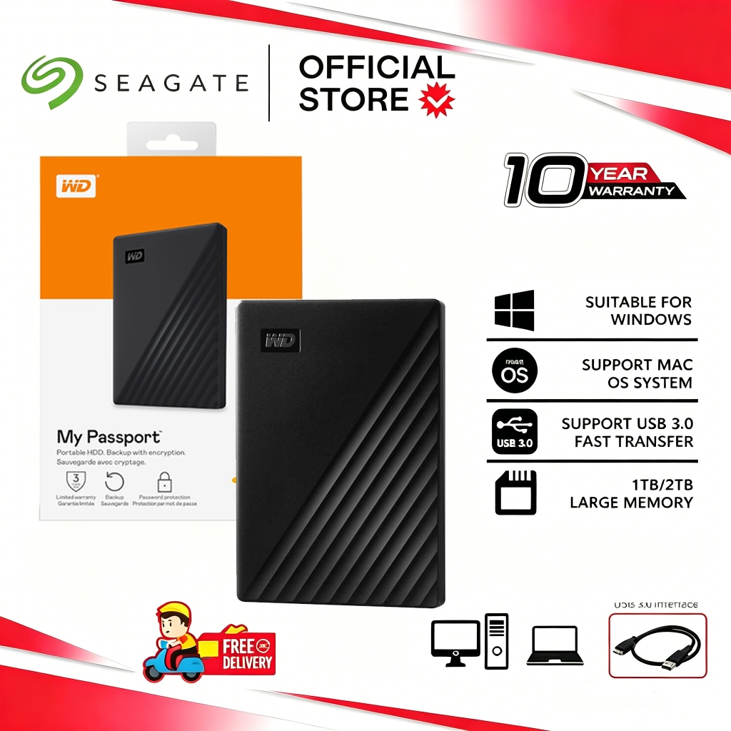 【จัดส่งภายใน 24 ชั่วโมง】Western Digital HDD Harddisk Eksternal เอ็กซ์เทอร์นัลฮาร์ดดิสก์ WD My Passport ฮาร์ดดิสก์10