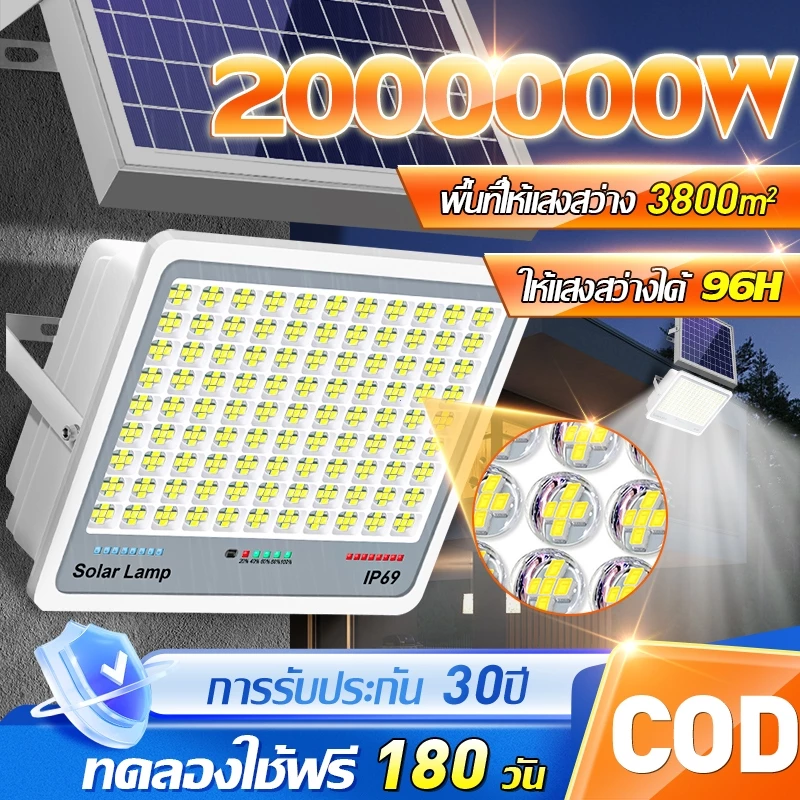 【ซื้อ 1 แถม 1】ไฟโซล่าเซลล์ ไฟโซล่าเซล 10000W LED Solar Light IP67กันน้ำ กันฟ้าผ่า จับเวลาระยะไกล สายไฟ10ม
