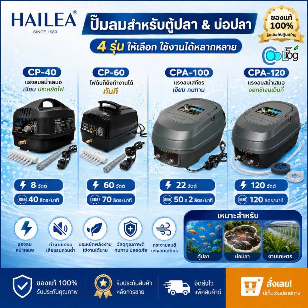 HAILEA CP40 CP60 CPA100 CPA120 ปั๊มออกซิเจน บ่อปลา สัตว์น้ำ ไฟAC/DC