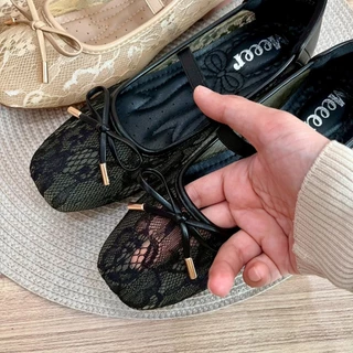 รองเท้าหน้าโบว์ผ้าลูกไม้ Meeer Your Lacy Bow รองเท้าคัชชู ลูกไม้ ผูกโบว์ มีสายคาดแมรี่เจน
