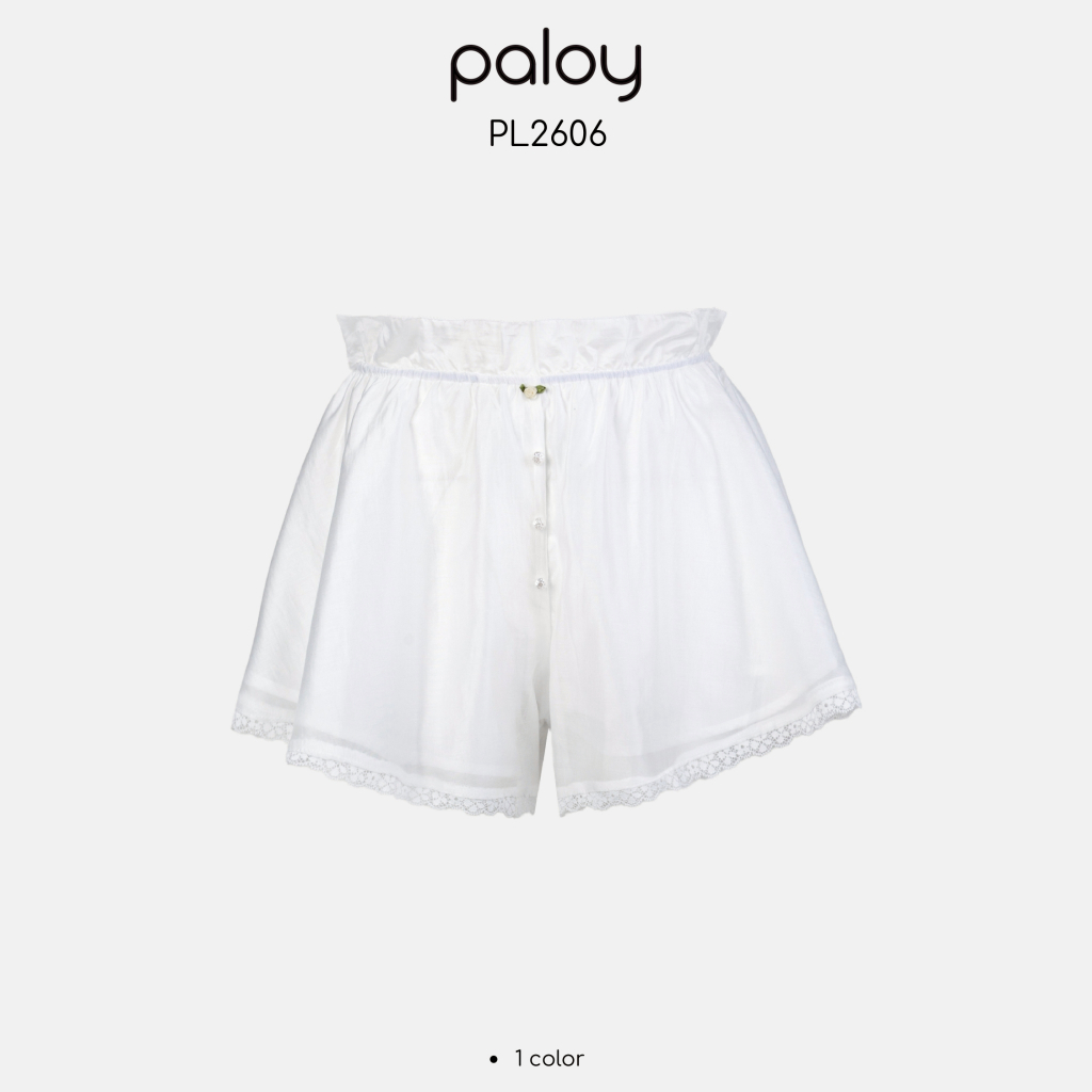 Paloy - PL2606 กางเกงผ้าขาสั้นดีเทลขอบเอวลูกไม้