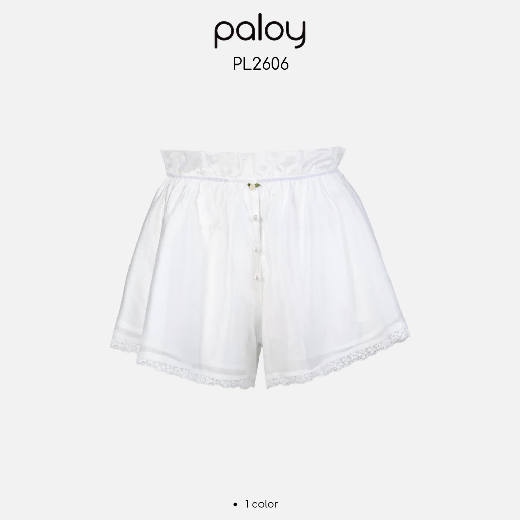 Paloy - PL2606 กางเกงผ้าขาสั้นดีเทลขอบเอวลูกไม้