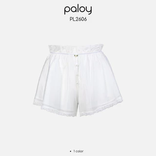 Paloy - PL2606 กางเกงผ้าขาสั้นดีเทลขอบเอวลูกไม้