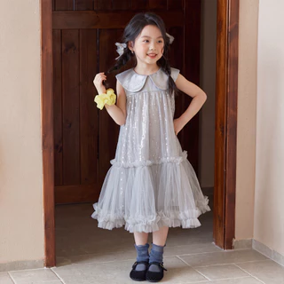 PRINCESS KESLI ชุดเดรสเด็กผู้หญิ แขนกุด คอปกแขนตุ๊กตา ผ้าซีควินส์ ดูหรูหราและน่ารักมาก เหมาะกับงานปาร์ตี้วันเกิด 2-12 ปี