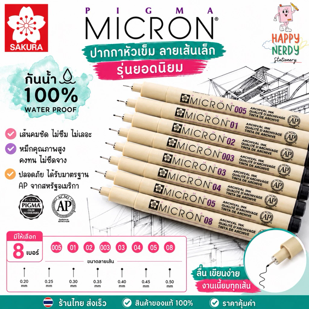 SAKURA (ซากุระ) ปากกาพิกม่าสี SAKURA หมึกสีดำ Pigma Pen (ปากกาตัดเส้น) แบบด้ามเดี่ยว
