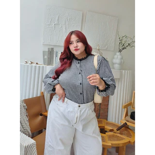 (ส่งด่วน) Scotch Korea Shirt เสื้อเชิ้ตแขนพองลายสก๊อต แต่งลูกไม้ Bigsize อก 40-66” (PT)