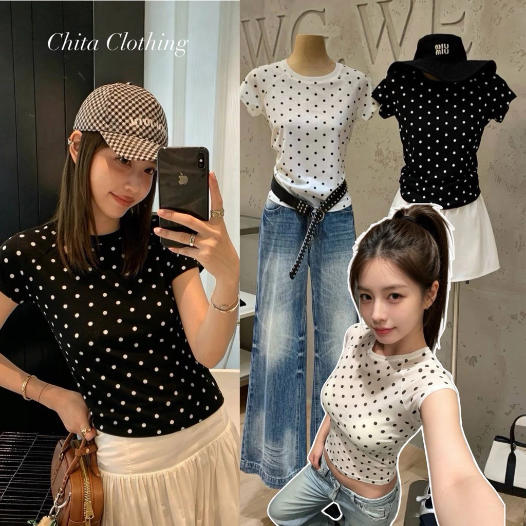 📍พร้อมส่ง📍9680 เสื้อคอกลมแขนสั้น ลาย polka dot เนื้อผ้าดี ทรงสวย TAG:WG.WE 🇰🇷