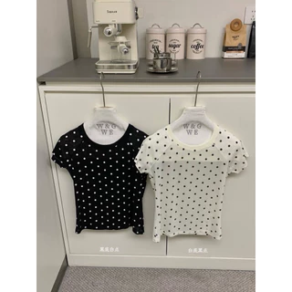 📍พร้อมส่ง📍9680 เสื้อคอกลมแขนสั้น ลาย polka dot เนื้อผ้าดี ทรงสวย TAG:WG.WE 🇰🇷