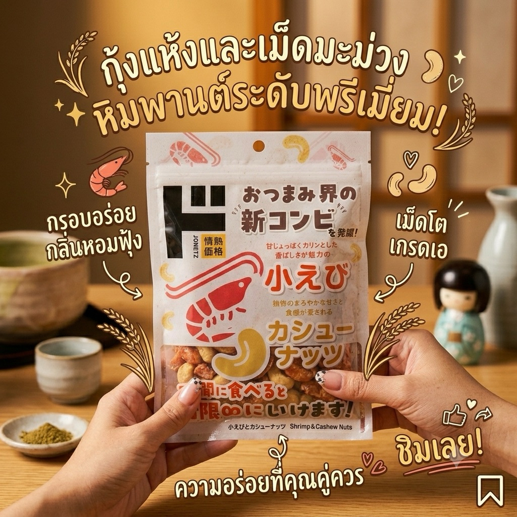 คู่หูความอร่อยลงตัวใหม่จากญี่ปุ่น เม็ดมะม่วงหิมพานต์อบกรอบผสมกุ้งตัวเล็ก เคี้ยวเพลินจนหยุดไม่ได้ รสชาติเค็มมันนัว
