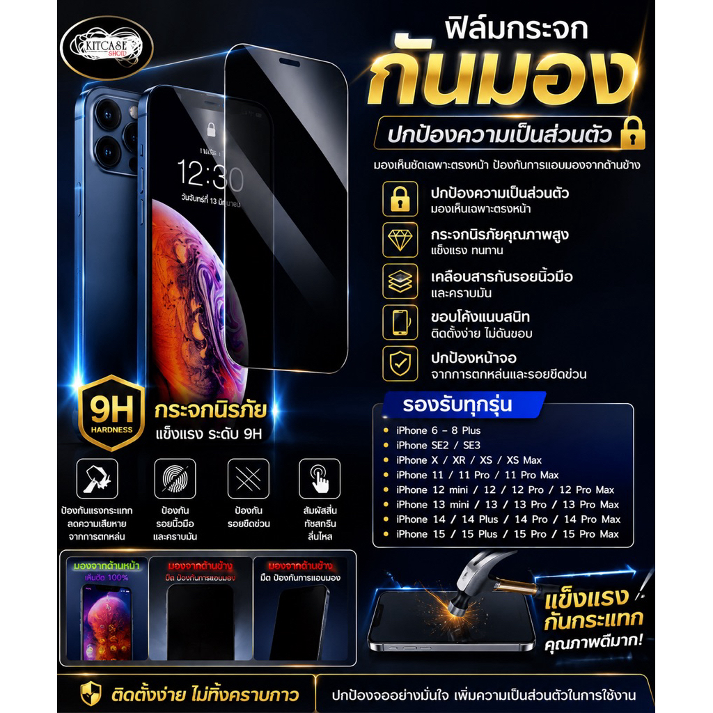 [มีกันขอบ] ฟิล์มกันมอง สำหรับiPhone 15 14 13,12 pro max 11 ฟิล์มกันเสือก ไอโฟน X 8 6 6s Plus 7 XS XR