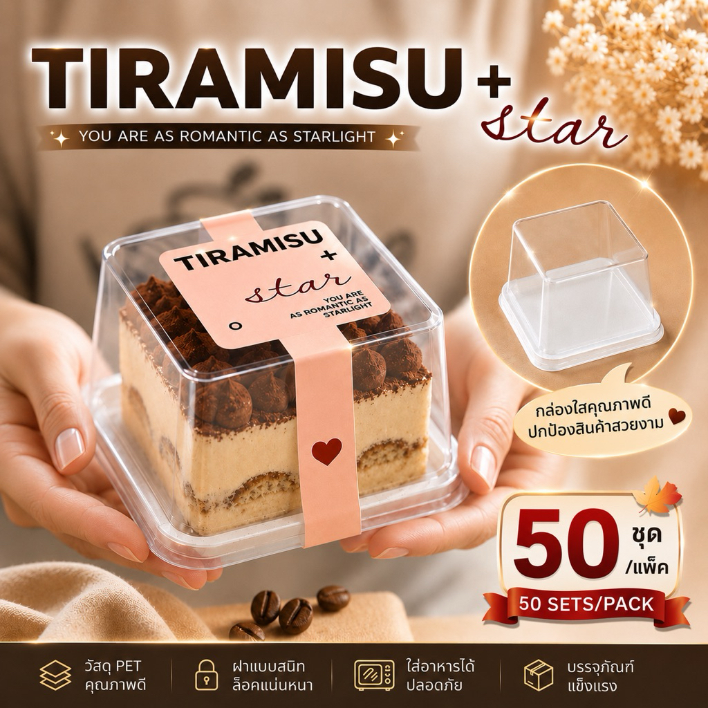 กล่องเค้กทิรามิสุ กล่องเค้กมินิ กล่องเค้กโรล ฝาใสทรงสูง ฐานขาว 50ชุด/แพ็ค