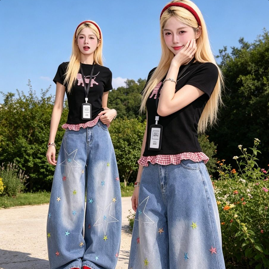 Aurae กางเกงยีนส์ขายาวเอวสูง สีฟ้าอ่อน ปักลายดาวหลากสี ยาวคลุมเท้า มีไซส์ S-6XL