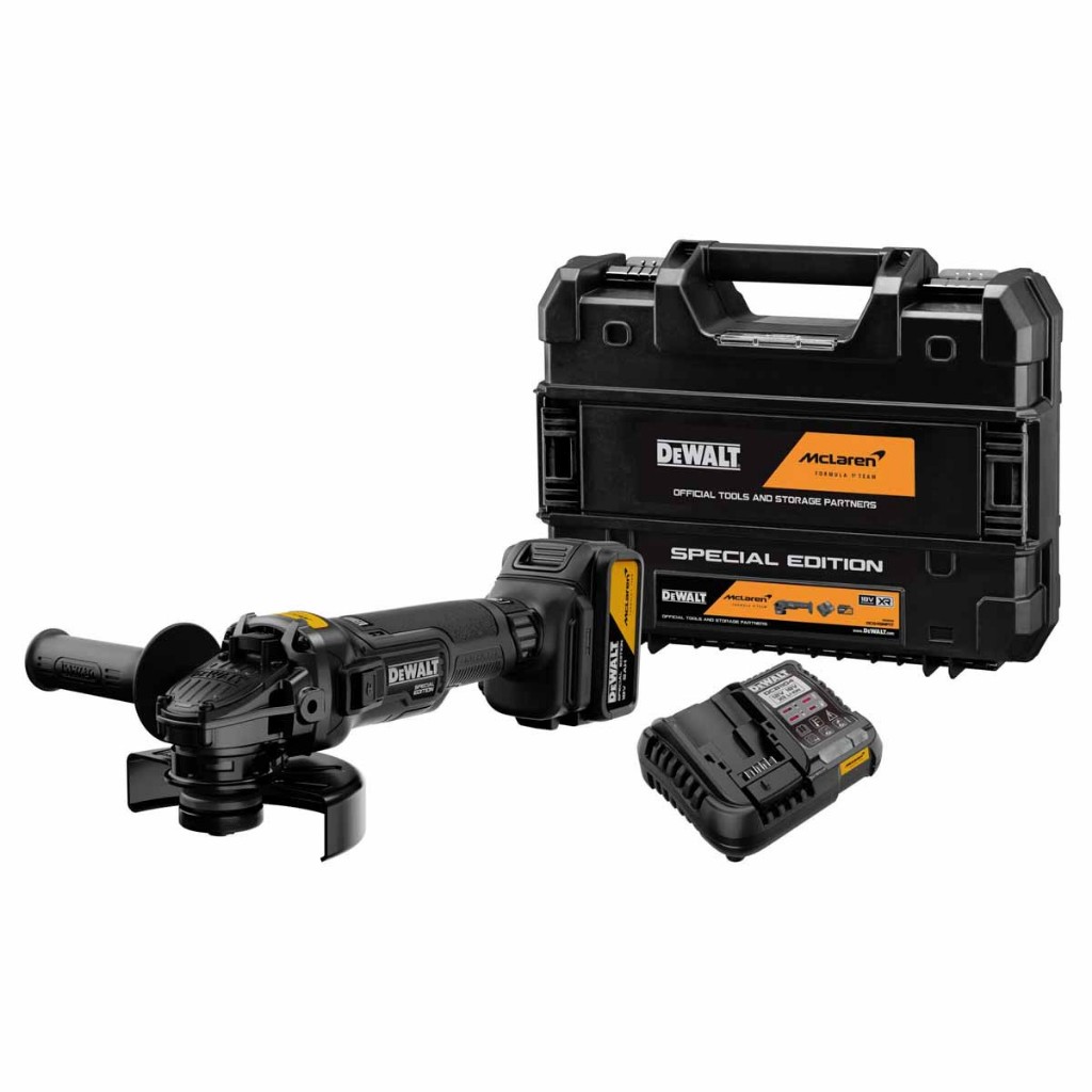 DEWALT DCG45MP1T (MCLAREN) เครื่องเจียรไร้สาย 4 นิ้ว 20V พร้อมแบตเตอรี่ 5Ah 1 ก้อน และแท่นชาร์จ