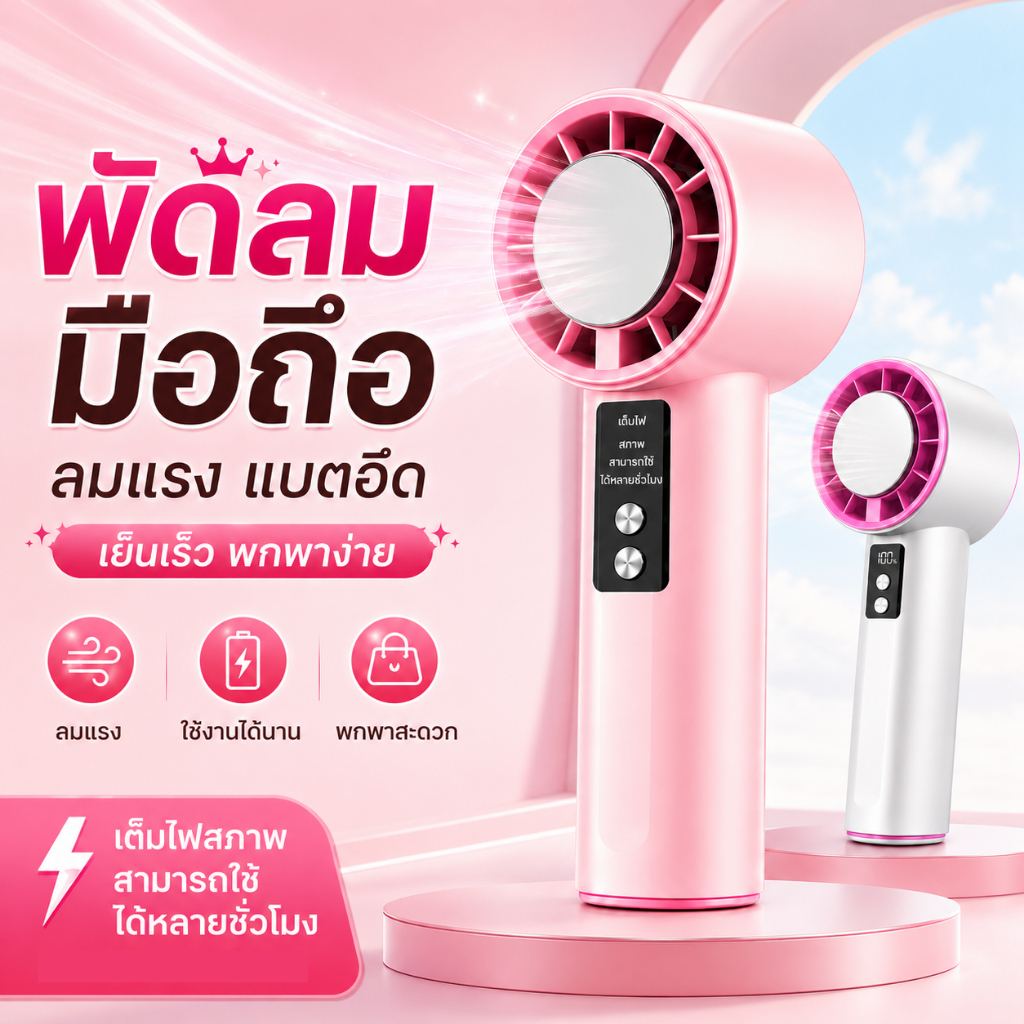 พัดลมพกพา ลมแรง ปรับ 6 ระดับ จอดิจิทัล ชาร์จได้ แบตอึด ขนาดกะทัดรัด สำหรับเดินทางและทำงาน