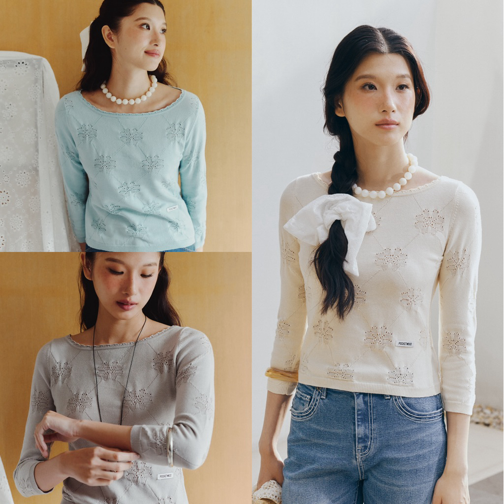 Brisa Knit Top [พร้อมส่ง] เสื้อคอปาดแขนสามส่วน แต่งขอบ scallop ทอโลโก้แบรนด์