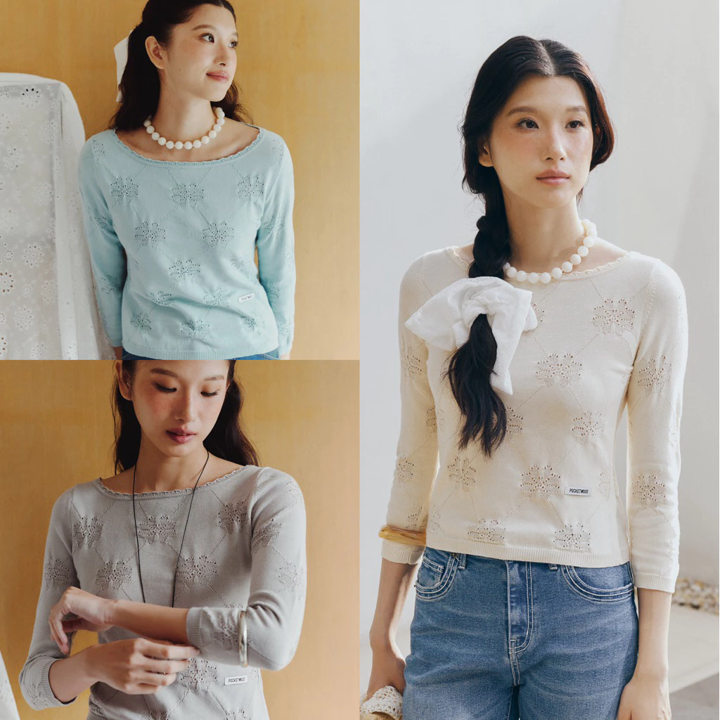 Brisa Knit Top [Pre-order ทุกสีทุกไซส์ จัดส่ง11กันยายน] เสื้อคอปาดแขนสามส่วน แต่งขอบ scallop ทอโลโก้แบรนด์