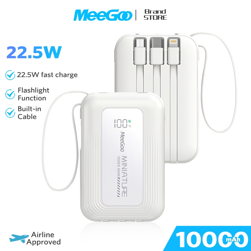 MEEGOO พาวเวอร์แบงค์ 10000mAh ชาร์จเร็ว 22.5W มีสายในตัว 3 เส้น ชาร์จพร้อมกัน 5 เครื่อง หน้าจอดิจิตอล มีไฟฉาย พกพาง่าย