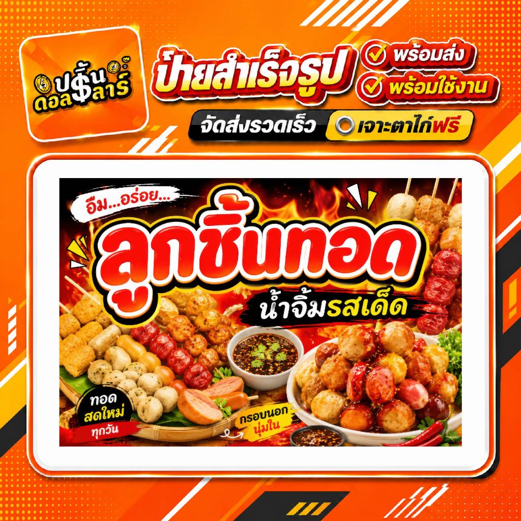 ป้ายไวนิลสำเร็จรูป ป้ายลูกชิ้น ของทอด พร้อมส่ง สีสดคมชัด กันแดดกันฝน เจาะตาไก่ฟรี พับขอบฟรี พร้อมใช้งาน