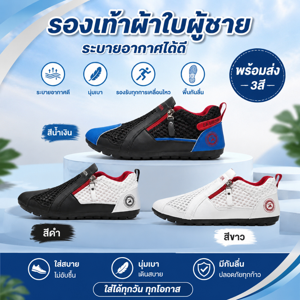 รองเท้าลำลองผู้ชาย รองเท้าผ้าใบซิปหน้า ตาข่ายระบายอากาศ น้ำหนักเบา เดินสบาย พร้อมส่ง