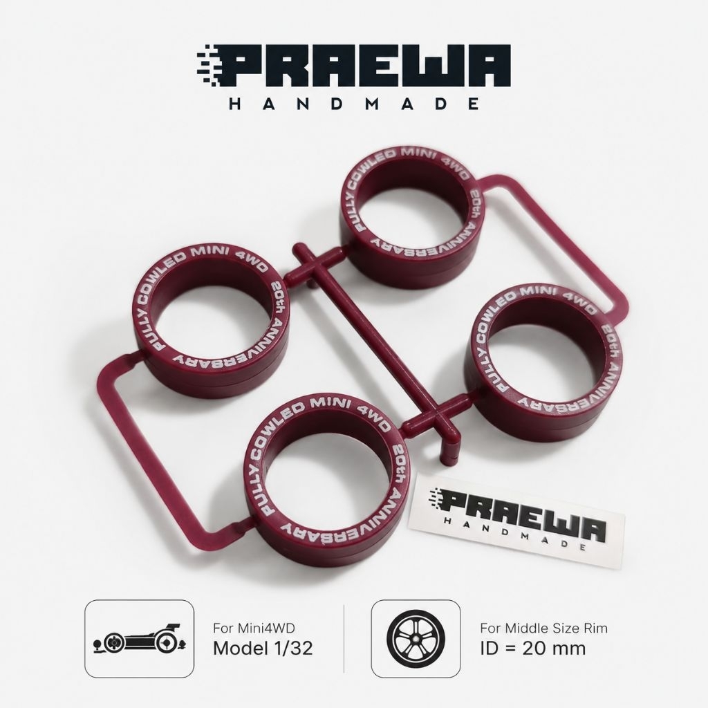 ยางมารูนเทียบ ล้อกลาง สกรีน 20 ปี (4เส้น) - Mini4WD Low Friction Low Profile Tire (Maroon) 20th Anniversary