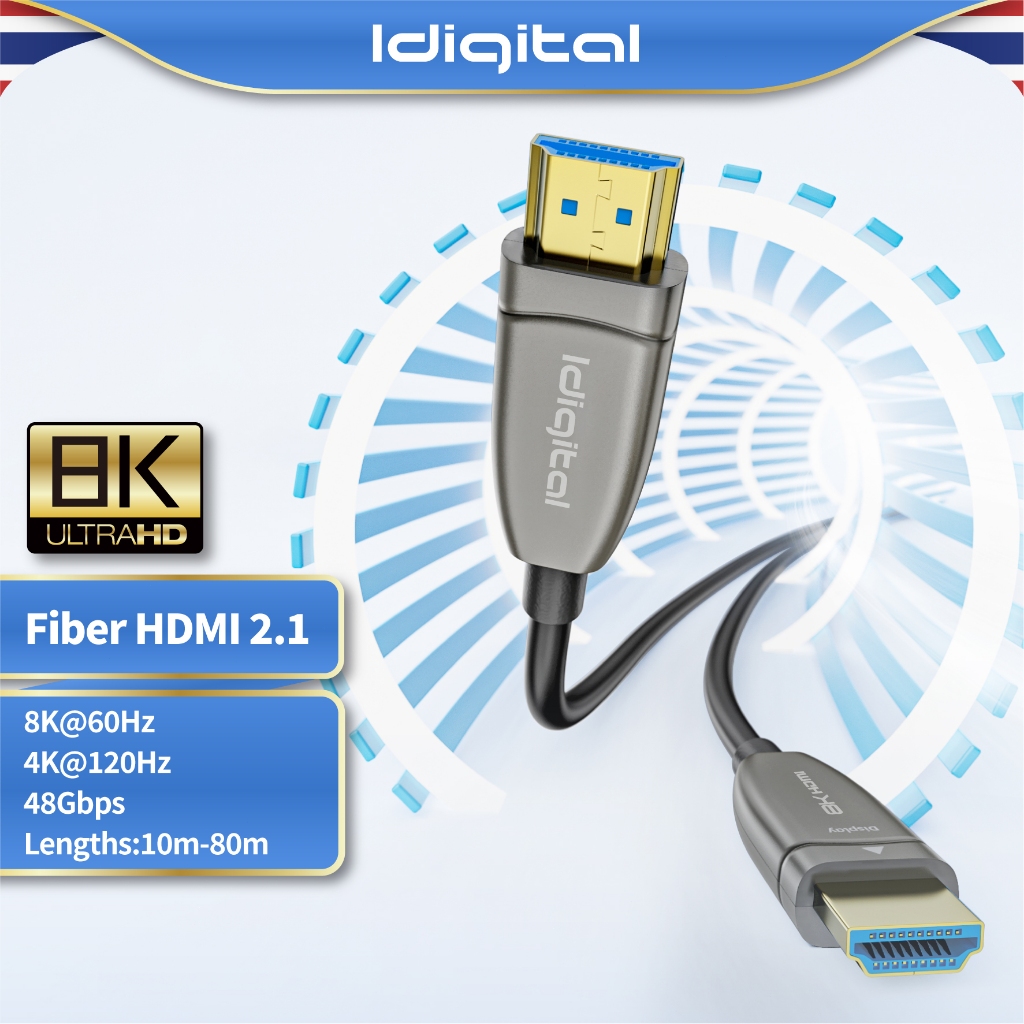 Idigital สาย Fiber Optic HDMI 2.1 AOC Cable 8K60Hz 4K120Hz 48Gbps 10m-80m HDR eARC รองรับ PC TV Projector รับประกัน 1 ปี