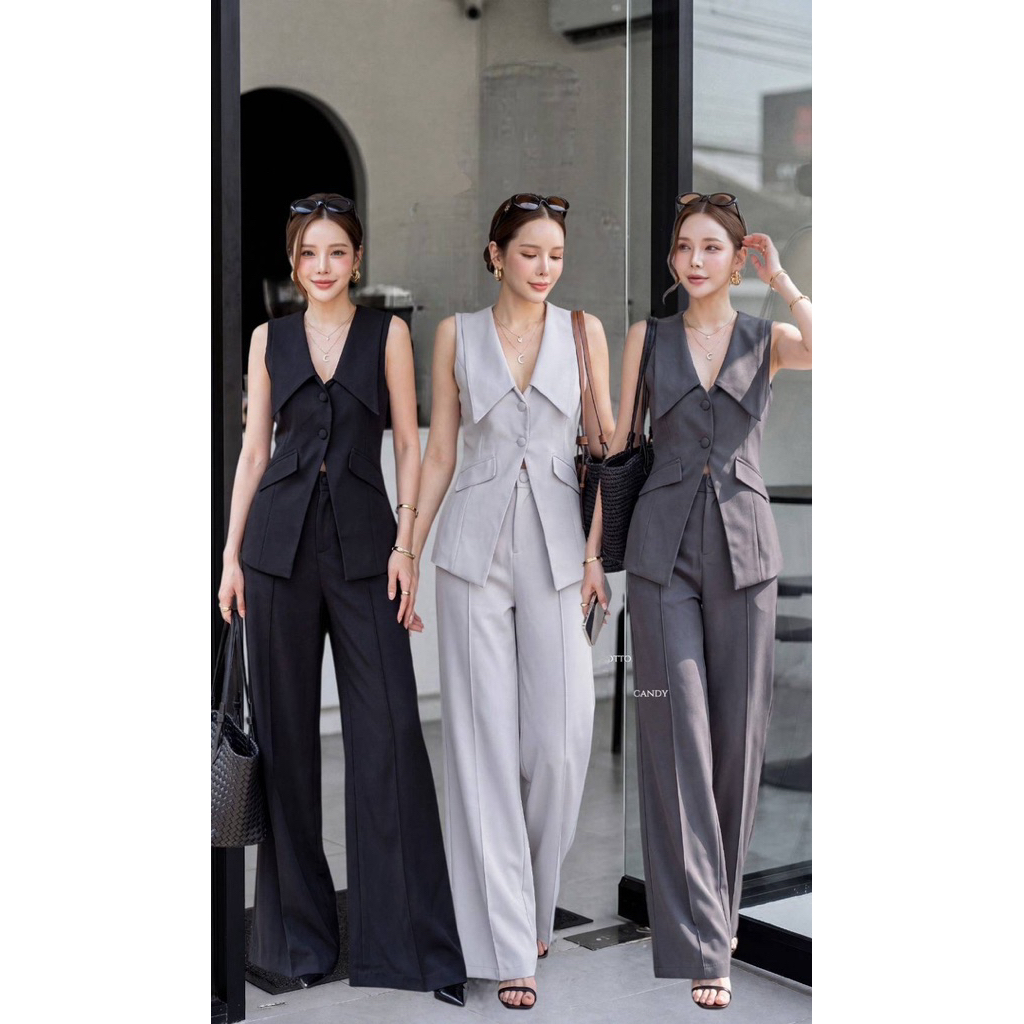 #Cotton Candy set เสื้อแขนกุดคอวีปกสวย ขายาว New Lala korea set