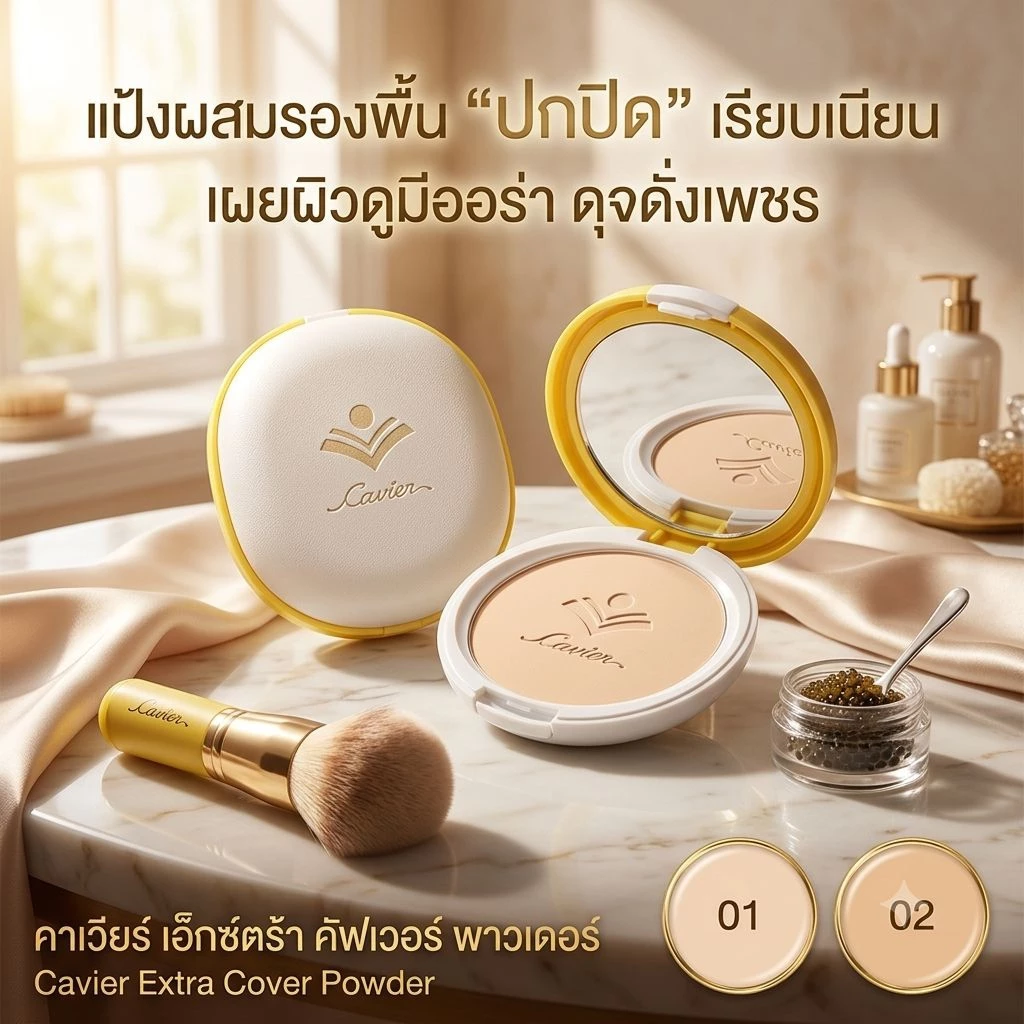 Cavier Extra Cover Powder 13 g. แป้งผสมรองพื้น กันน้ำ กันเหงื่อ กันแดด ปกปิดอย่างเป็นธรรมชาติ