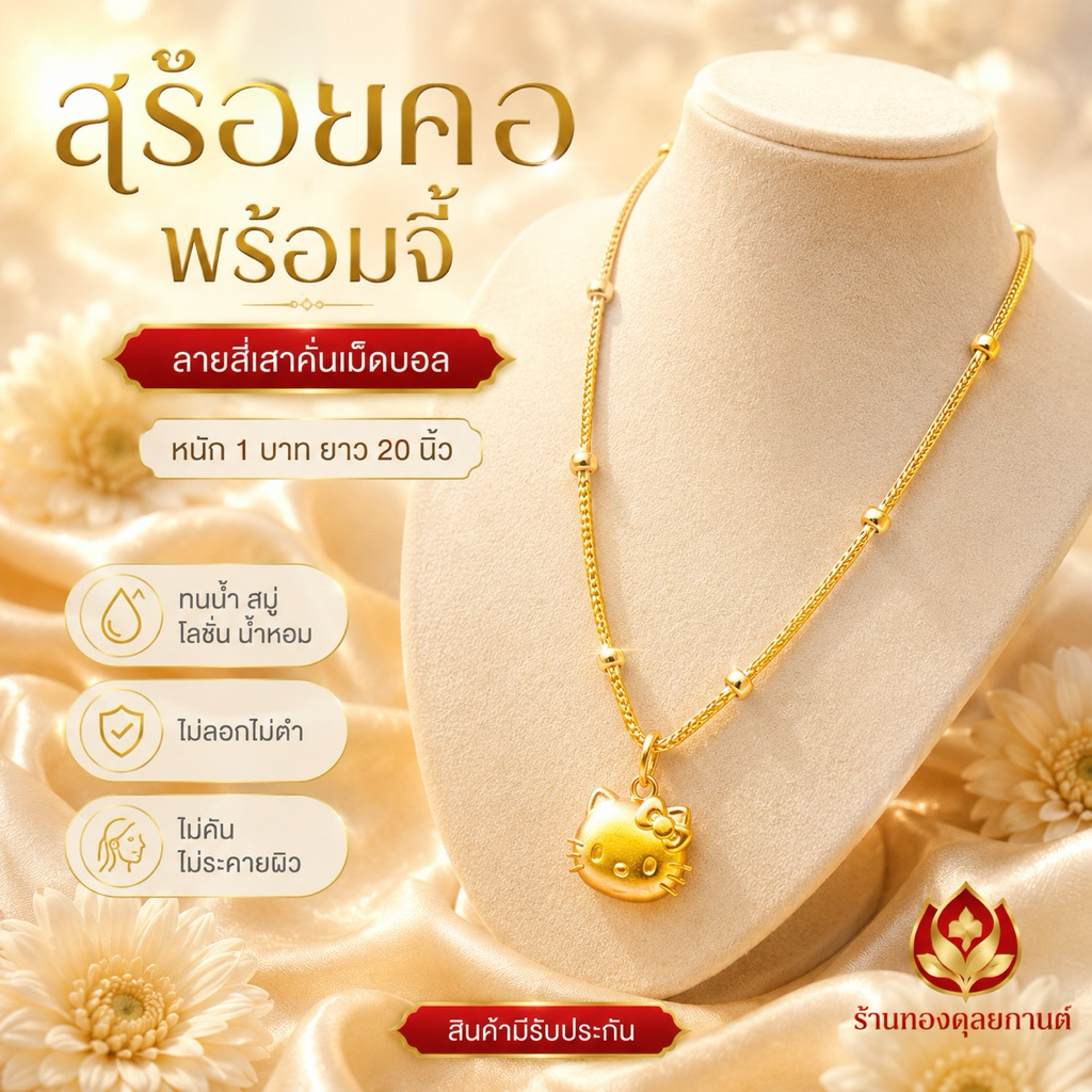 สร้อยคอ ลายสี่เสา คั่นเม็ดบอล พร้อมจี้ หนัก 1 บาท ยาว 20 นิ้ว (1 เส้น) AD63