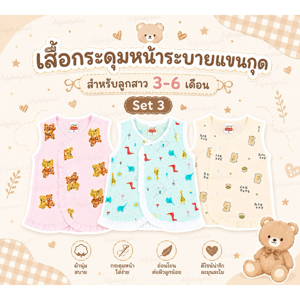 (3 ตัว)เสื้อกระดุมหน้าผ้ายืดแขนกุด งานกระโปรงระบาย สำหรับเด็ก 3-6 เดือน ลูกสาวน่ารัก
