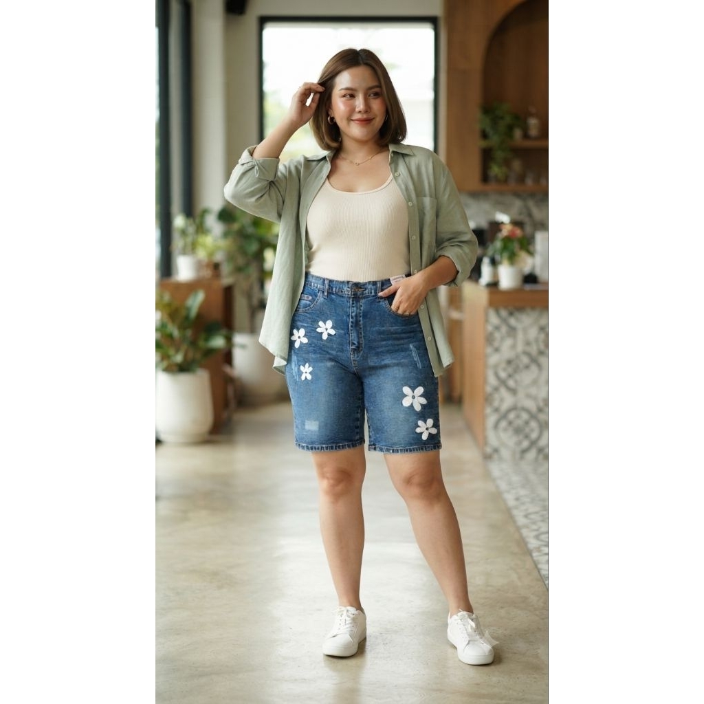 MD jeans ขาสั้นยีนส์ยืด เอวสูงยืดหยุ่นดีมาก ยีนส์สาวอวบอ้วนต้องมี