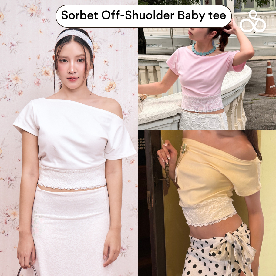 Sistersfabric - Sorbet Off-shoulder baby tee เสื้อปาดไหล่เอวจั้มดีเทลลูกไม้ที่ชาย ผ้ายืดยุ่นไม่บาง