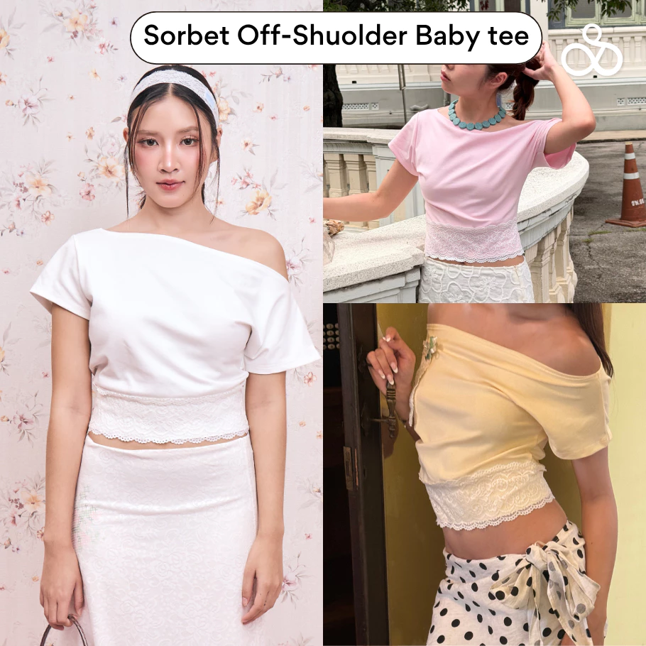 Sistersfabric - Sherbet Off-shoulder baby tee เสื้อปาดไหล่เอวจั้มดีเทลลูกไม้ที่ชาย ผ้ายืดยุ่นไม่บาง