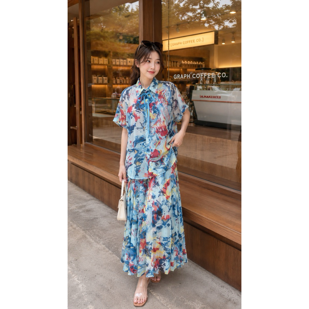 ชุดเชตเสื้อ+กระโปรงอัดพลีทใหญ่ รุ่น Azure Muse Set (2ชิ้น) แถมโบว์ฟรี