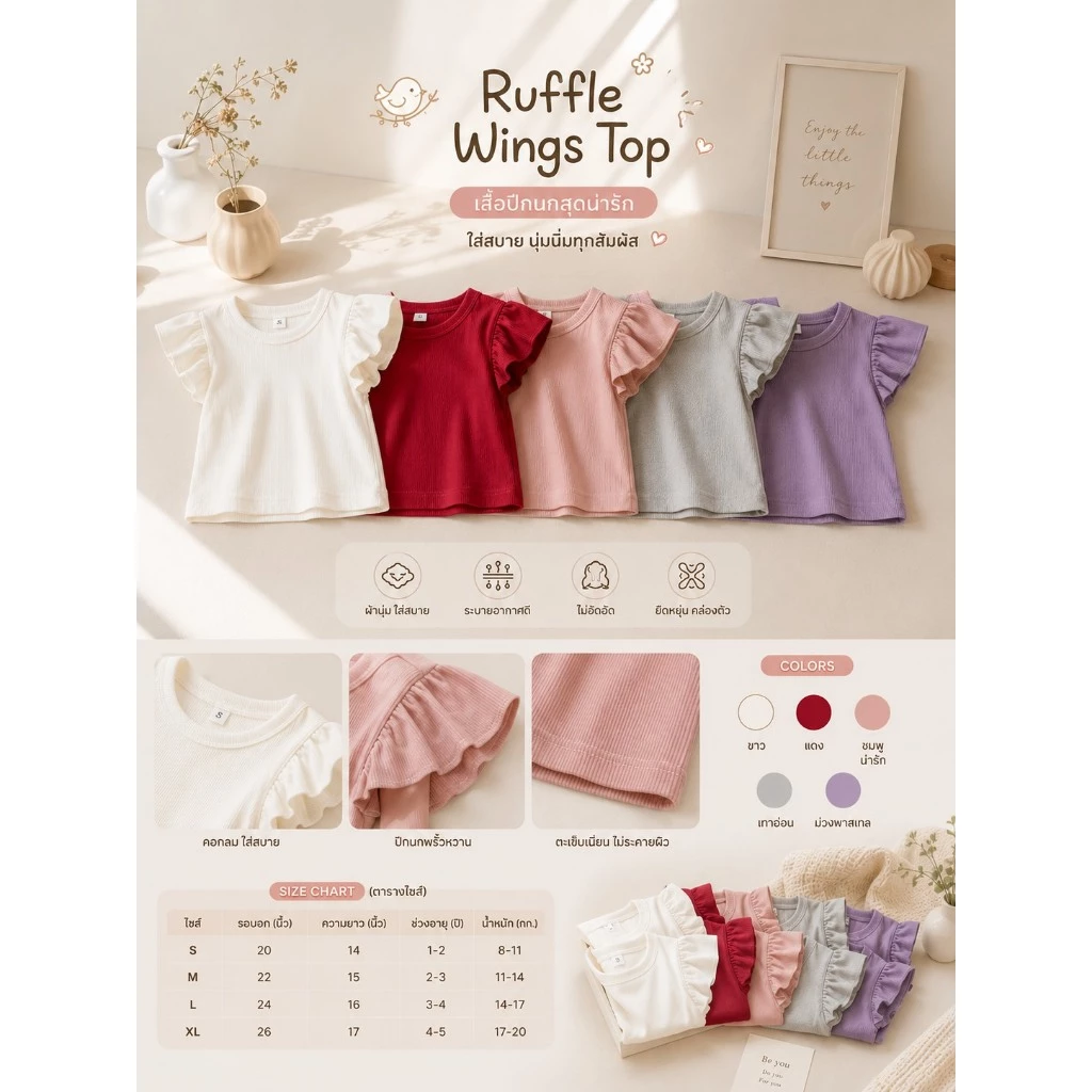 (KIDS) เสื้อยืดเด็กหญิงผ้าร่องแขนระบาย สีพาสเทลหวานๆ ใส่ได้ตั้งแต่ 1-7 ขวบ