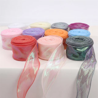 ริบบิ้นไนลอนสีรุ้งลายหางปลามีขอบลวด กว้าง 4cm สำหรับห่อดอกไม้ ห่อของขวัญ ตกแต่งเค้ก งานแต่งงาน และงาน DIY