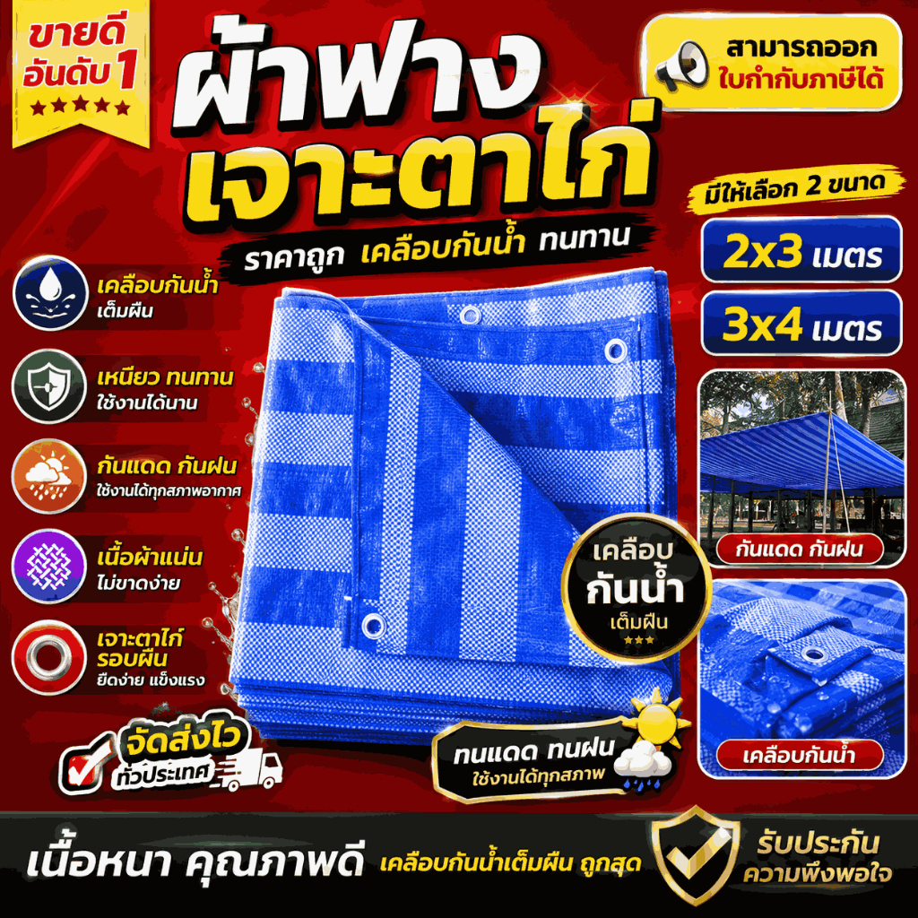 ผ้าฟาง กันฝน ผ้าใบกันแดด ผ้าใบพลาสติก ฟ้าขาว 2x3 3x4 กันแดด กันฝน เจาะตาไก่4มุม กันน้ำ100% ส่งไว